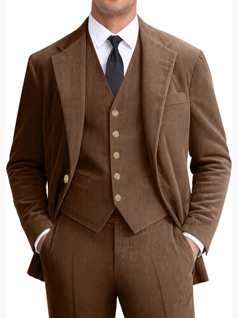 Vintage Corduroy Suit Slim Fit 3 Piece Blazer Vest Pants Set Wedding Business